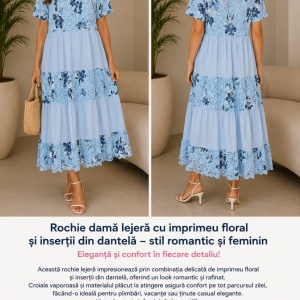 Rochie damă lejeră albastră cu imprimeu floral și croială vaporoasă - Img 2