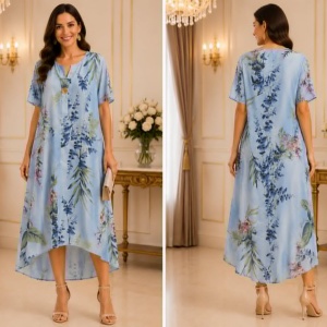 Rochie damă lejeră albastru cu imprimeu floral și croială vaporoasă