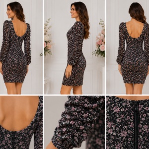 Rochie damă mulată cu imprimeu floral, spate decupat în U și detalii negre - Img 2