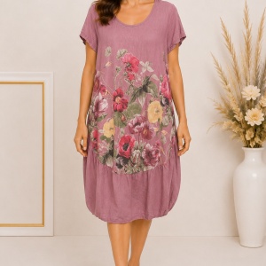 Rochie damă roz pudrat cu imprimeu floral – Bumbac elastic, croială lejeră