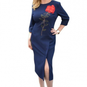 Rochie de culoare bleumarin cu broderie deosebita si slit pe picior - Img 1