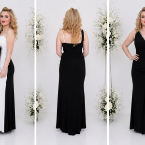 Rochie de gala crapata adanc pe picior, negru-alb, cu strasuri - Img 3