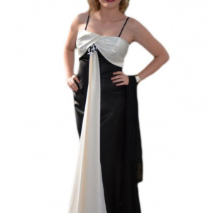 Rochie de gala, design elegant, combinatie de saten negru cu alb - Img 1