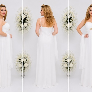 Rochie de gala, din voal, croiala usor evazata, de culoare alba - Img 3