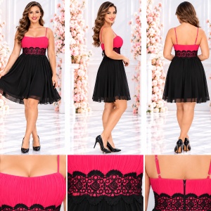 Rochie de gala scurta, cu fusta din voal negru si top plisat roz - Img 2