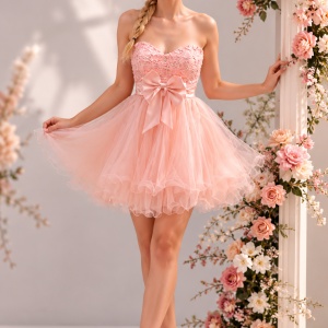 Rochie de gala scurta de culoare roz, cu model de paiete sus - Img 1