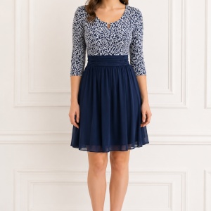 Rochie de ocazie, bleumarin-alb cu fir auriu si voal