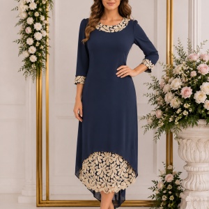 Rochie de ocazie, de culoare bleumarin, accesorizata cu broderie