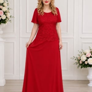 Rochie de ocazie, de culoare rosie, din voal si dantela brodata