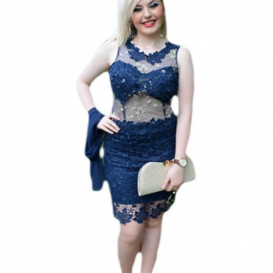 Rochie de ocazie din dantela si tul bleumarin, model cambrat - Img 1
