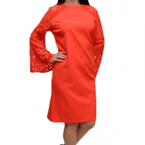 Rochie de ocazie in nuanta de corai, material elastic si dantela - Img 1