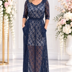 Rochie de ocazie lunga, cu captuseala scurta si dantela bleumarin