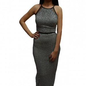 Rochie de ocazie, model lung cu design de paiete mici, argintie - Img 1