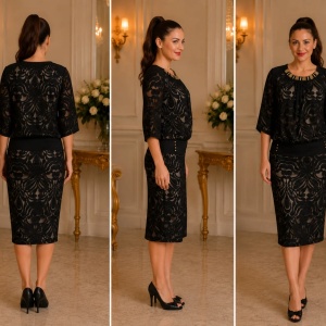 Rochie de ocazie neagra, maneca trei-sferturi si dantela in fata - Img 2