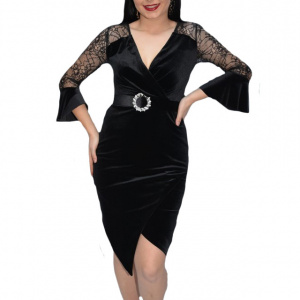 Rochie de ocazie Salma din catifea cu insertii de dantela ,negru - Img 1