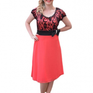 Rochie de ocazie scurta din voal si dantela, culoare corai