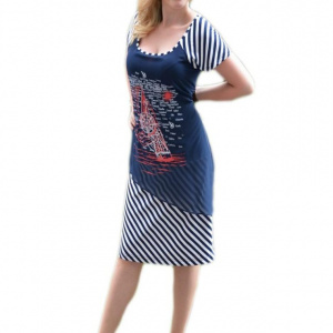 Rochie de primavara-vara, cu un voal asimetric, albe-bleumarin-rosii - Img 1