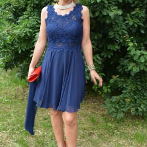 Rochie de seara bleumarin, model scurt cu dantela si voal - Img 5
