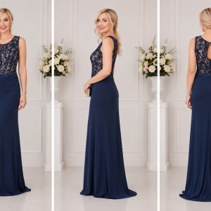 Rochie de seara lunga, bleumarin, cu dantela si strasuri - Img 5