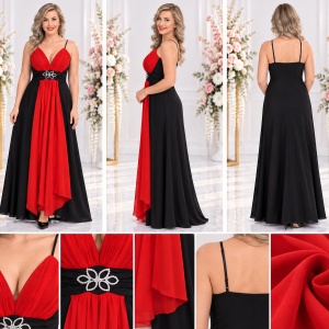 Rochie de seara lunga, neagra, din saten, cu verde sau cu rosu - Img 3