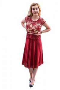 Rochie de seara scurta visinie, superba, dantela cu motive florale - Img 1