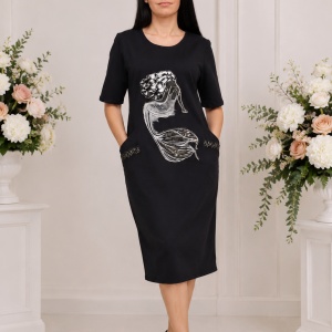 Rochie de tineret cu maneca scurta, bleumarin, cu imprimeu alb