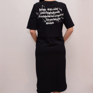 Rochie de tineret cu maneca scurta, bleumarin, cu imprimeu alb - Img 6