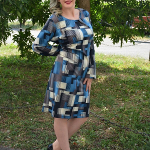 Rochie de toamna, cu un model de patratele, albastra - Img 4