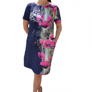 Rochie de zi Agace ,imprimeu cu maci,nuanta de bleumarin - Img 1