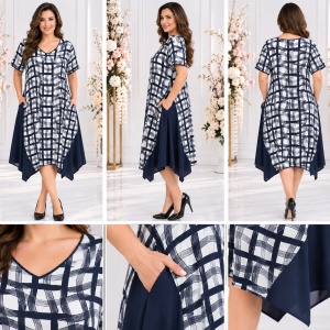 Rochie de zi cu imprimeu de patratele, culoare Bleumarin-alb - Img 2