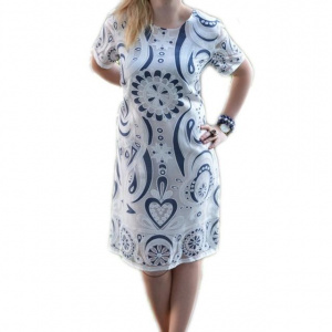 Rochie de zi cu maneca scurta, nuanta alba imprimeu albastru - Img 1