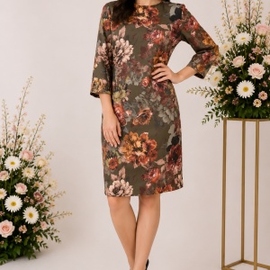 Rochie de zi Fevine cu model floral tip mozaic pe fundal kaki
