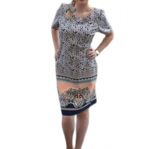 Rochie de zi, masura mare, cu imprimeu floral marunt, bleumarin - Img 1
