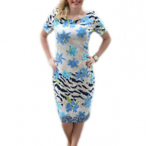 Rochie de zi masura mare, imprimeu floral de nuanta albastra - Img 1