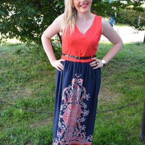Rochie deosebita de culoare bleumarin-corai, cu curea aplicata - Img 2