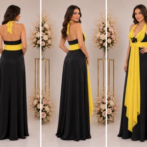 Rochie deosebita de gala, neagra cu insertii galbene, lungime maxi - Img 3