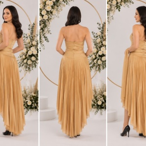 Rochie deosebita de ocazie, din saten auriu, cu insertii de pietre - Img 3