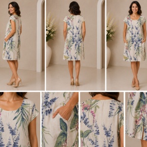 Rochie din In Natural Gardenia – Imprimeu Botanic și Buzunare Laterale - Img 2