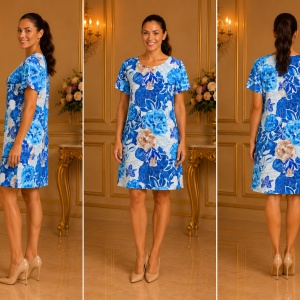 Rochie Dreaptă Damă cu Imprimeu Floral Albastru , Lejeră de Vară cu Mânecă Scurtă - Img 3