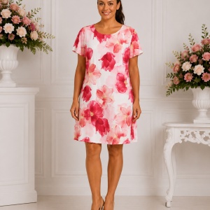 Rochie Dreaptă Damă cu Imprimeu Floral Roz – Rochie Lejeră de Vară cu Mânecă Scurtă