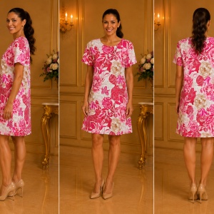 Rochie Dreaptă Damă cu Imprimeu Floral Roz-Pudra - Img 3