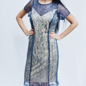 Rochie elegant de zi ,nuanta bleumarin-bej - Img 4