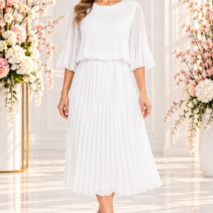Rochie elegantă alba plisată, vaporoasă, cu mâneci 3/4