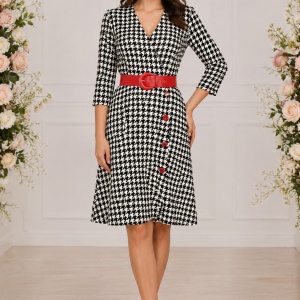 Rochie eleganta Avelia cu decolteu petrecut,model pepit,evazata,nuanta alb-negru