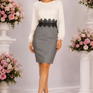 Rochie Elegantă Bicoloră Crem-Gri cu Inserție Amplă din Dantelă Neagră