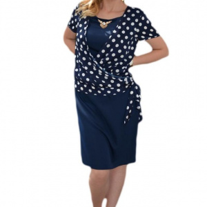 Rochie eleganta, bleumarin cu buline mari albe, aspect de costum - Img 1