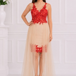 Rochie eleganta cu lungime asimetrica, insertii de tul si broderie