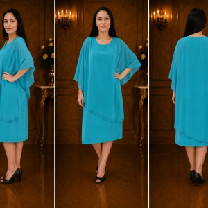 Rochie eleganta din material elastic si voal lejer aplicat, turcoaz - Img 3