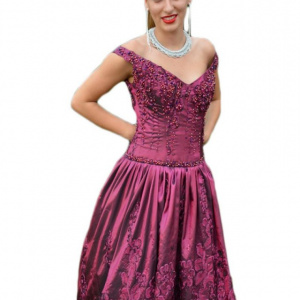 Rochie eleganta, marsala, cu croi asimetric si margele aplicate - Img 1