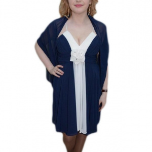 Rochie eleganta, nuanta de bleumarin, floare chic, esarfa clasica